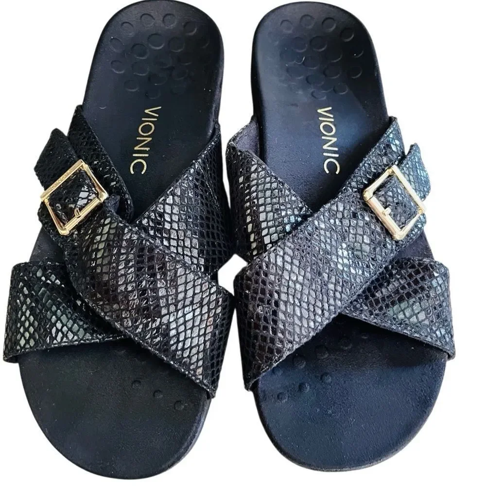 Vionic Sandal Dorie Size 9, Black Leather Snake Print Slide On Sandal w/buckle